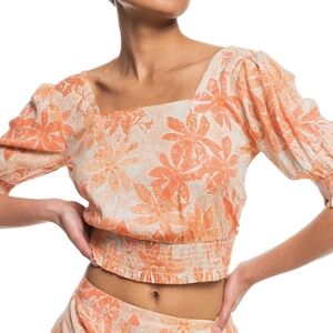 Roxy Orange Floral Square Neck Puff Sleeve Million Waves Again Woven Top Size L